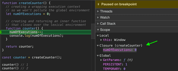 showing the closure scope for numOfExecutions in dev-tools debugger